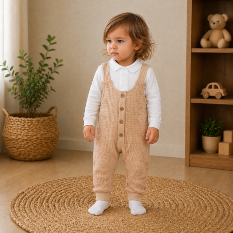 Salopete baieti - Set salopeta bumbac maro cu body bebelusi baieti Murat