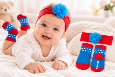 Set sosete cu buline si bentita asortata cu floare pentru bebelusi, 0–12 luni, rosu/bleu [1]