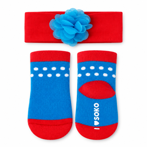 Ofertele momentului - Set sosete cu buline si bentita asortata cu floare pentru bebelusi, 0–12 luni, rosu/bleu