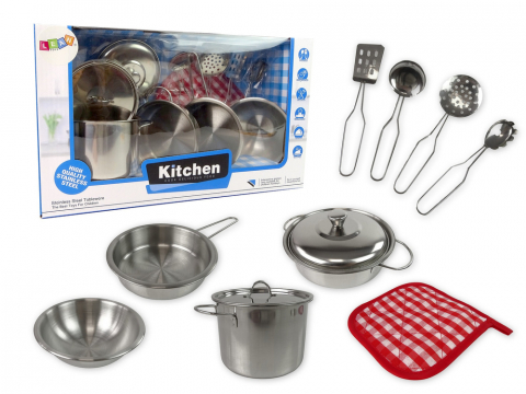 Jucarii Copii - set-bucatarie-inox-copii-tigaie-oale-accesorii-Bebelul