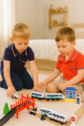 Jucarii Copii - Set Trenulet din Lemn cu Accesorii, Politie și Pod – 3,2 m