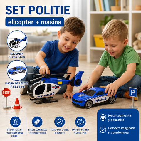Jucarii - Set vehicule politie elicopter si masina cu sunet albastru 3 ani+