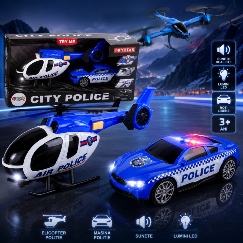 Masinute - Set vehicule politie elicopter si masina cu sunet albastru 3 ani+
