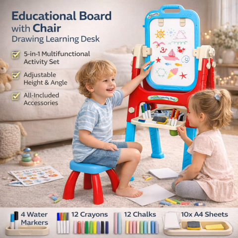 Table desen copii - Tabla Educationala 5in1 cu Scaun Multifunctionala Accesorii Albastru