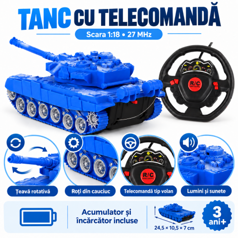 Tanc cu telecomanda lumini si sunete albastru 1:18 27MHz [2]