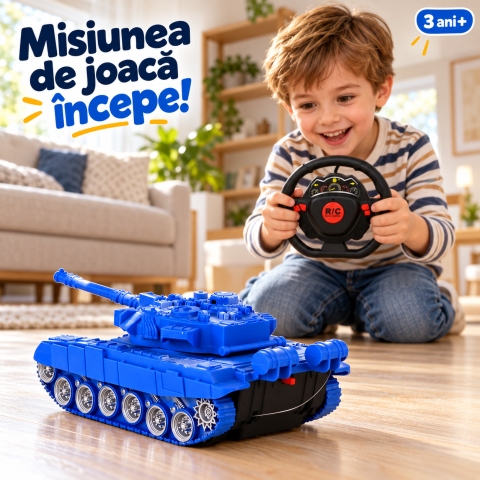 Tancuri R/C - Tanc cu telecomanda lumini si sunete albastru 1:18 27MHz