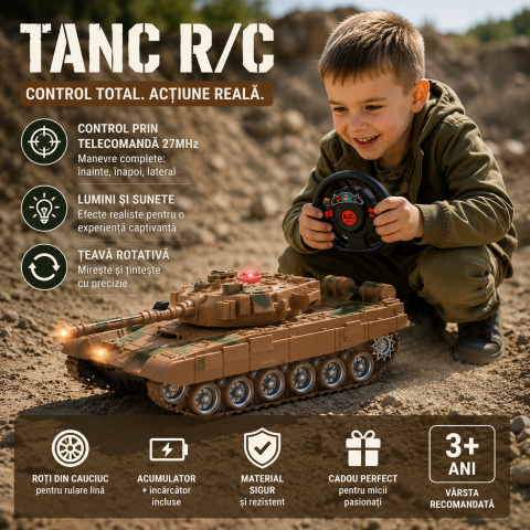 Tancuri R/C - tanc-rc-telecomanda-lumini-sunet-nisip-1-18-copii-3ani-Bebelul