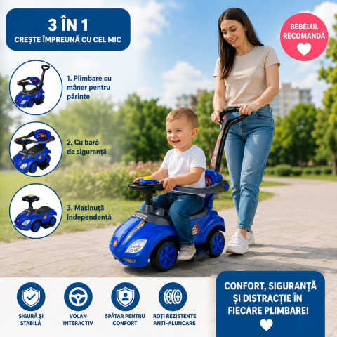 Ride-on - Masinuta ride-on fara pedale 3 in 1 cu maner parental si depozitare, albastra, 2 ani+