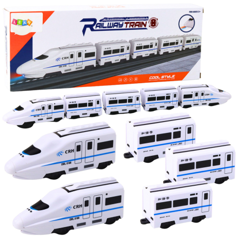 Jucarii - Tren Interactiv 62 cm cu Locomotiva si 4 Vagoane, Lumini, Sunete, Functie Bump & Go, Alb, 3 Ani+