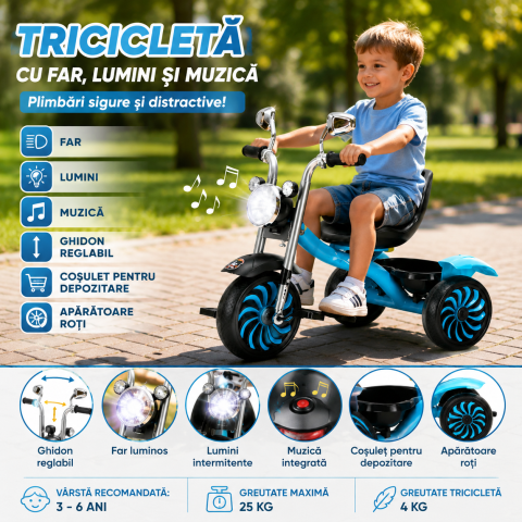 Triciclete - Tricicleta copii albastra cu far, lumini, muzica si ghidon reglabil