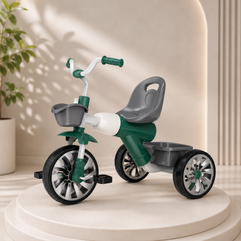 Triciclete - Tricicleta copii verde cu lumini si sunete, ghidon reglabil si cosuri depozitare