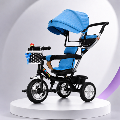 Triciclete - Tricicleta pentru copii, cu maner parental, pedale si copertina reglabila, cosulet de depozitare, Albastru/Negru, 12 luni+