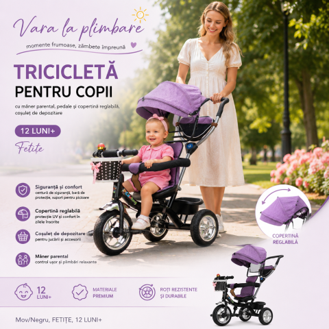 Triciclete - Tricicleta pentru copii, cu maner parental, pedale si copertina reglabila, cosulet de depozitare, Mov/Negru, FETITE, 12 luni+