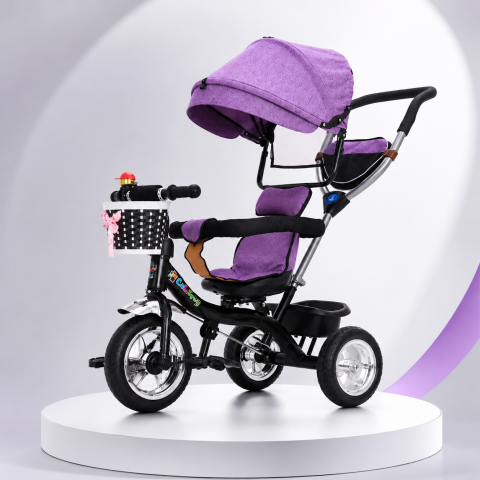 Triciclete - Tricicleta pentru copii, cu maner parental, pedale si copertina reglabila, cosulet de depozitare, Mov/Negru, FETITE, 12 luni+