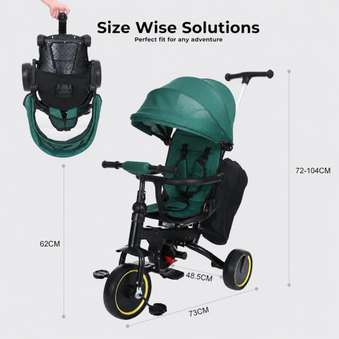 Tricicleta Premium pliabila 5 in 1 copii cu scaun rotativ 360° cu pozitie de somn si maner parental pentru baieti, verde 6 luni+ [5]