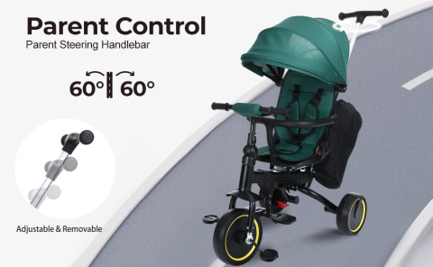 Tricicleta Premium pliabila 5 in 1 copii cu scaun rotativ 360° cu pozitie de somn si maner parental pentru baieti, verde 6 luni+ [11]