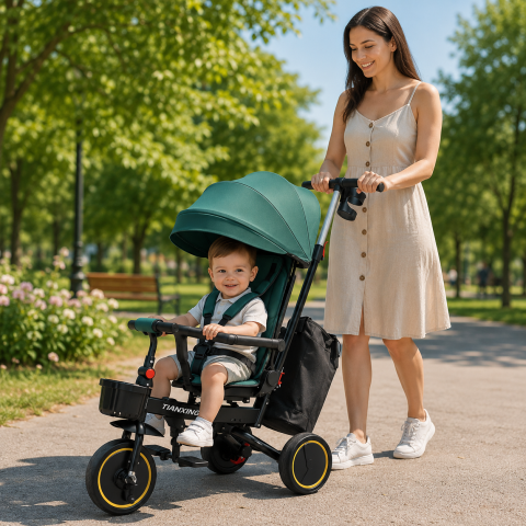 Triciclete - Tricicleta Premium pliabila 5 in 1 copii cu scaun rotativ 360° cu pozitie de somn si maner parental pentru baieti, verde 6 luni+