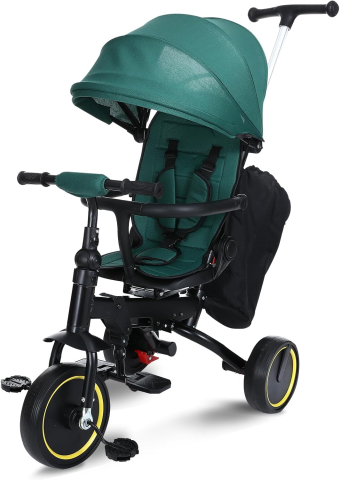 Triciclete - Tricicleta Premium pliabila 5 in 1 copii cu scaun rotativ 360° cu pozitie de somn si maner parental pentru baieti, verde 6 luni+