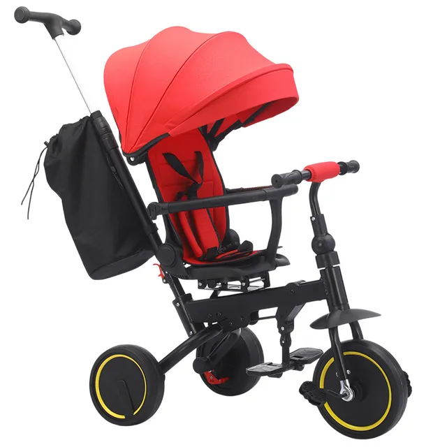 Produse Resigilate - RESIGILAT - Tricicleta Premium pliabila 5 in 1 copii cu scaun rotativ 360° cu pozitie de somn si maner parental rosie 6 luni+
