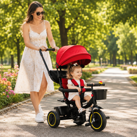 Triciclete - Tricicleta Premium pliabila 5 in 1 copii cu scaun rotativ 360° cu pozitie de somn si maner parental rosie 6 luni+