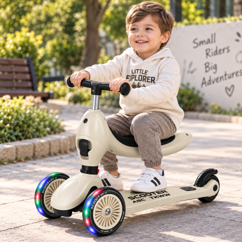 Trotineta 2 in 1 pentru baieti cu sezut rotativ, roti luminoase PU, ghidon reglabil si frana, bej, 1-5 ani, ABC TKWW [6]