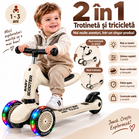 Trotineta 2 in 1 pentru baieti cu sezut rotativ, roti luminoase PU, ghidon reglabil si frana, bej, 1-5 ani, ABC TKWW [7]