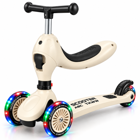 Trotinete - Trotineta 2 in 1 pentru baieti cu sezut rotativ, roti luminoase PU, ghidon reglabil si frana, bej, 1-5 ani, ABC TKWW