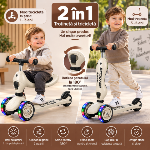 Trotineta 2 in 1 pentru baieti cu sezut rotativ, roti luminoase PU, ghidon reglabil si frana, bej, 1-5 ani, ABC TKWW [1]