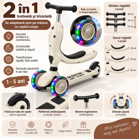 Trotineta 2 in 1 pentru baieti cu sezut rotativ, roti luminoase PU, ghidon reglabil si frana, bej, 1-5 ani, ABC TKWW [3]