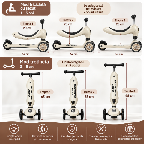 Trotineta 2 in 1 pentru baieti cu sezut rotativ, roti luminoase PU, ghidon reglabil si frana, bej, 1-5 ani, ABC TKWW [5]