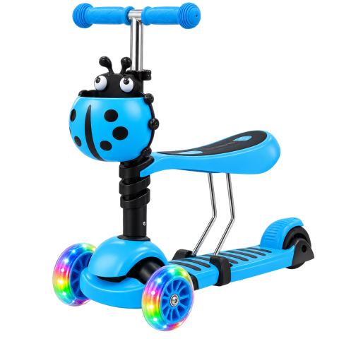 Trotinete - Trotineta 3 in 1 copii cu sezut, roti LED si cos Buburuza, ghidon reglabil 3 trepte, pliabila, max. 25 kg, 3 ani+, albastra