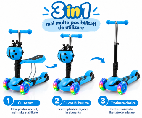 Trotineta 3 in 1 copii cu sezut, roti LED si cos Buburuza, ghidon reglabil 3 trepte, pliabila, max. 25 kg, 3 ani+, albastra [7]