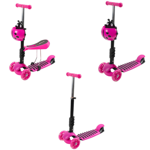 Trotineta copii 3 in 1 cu sezut, roti LED si cos Buburuza, ghidon reglabil 3 trepte, max. 25 kg, roz [4]
