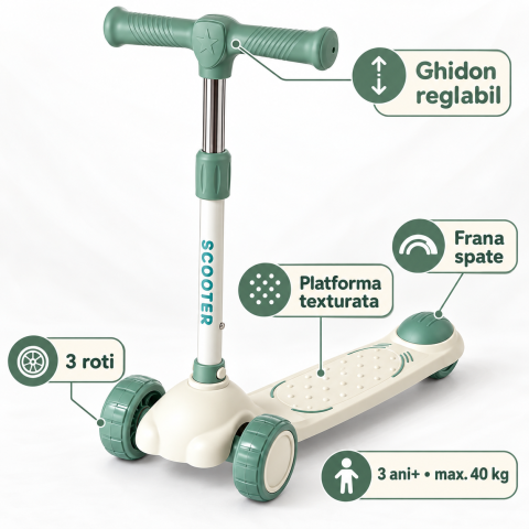 Trotineta copii Scooter cu 3 roti, ghidon reglabil, frana spate, crem-verde, 3 ani+, max. 40 kg [2]