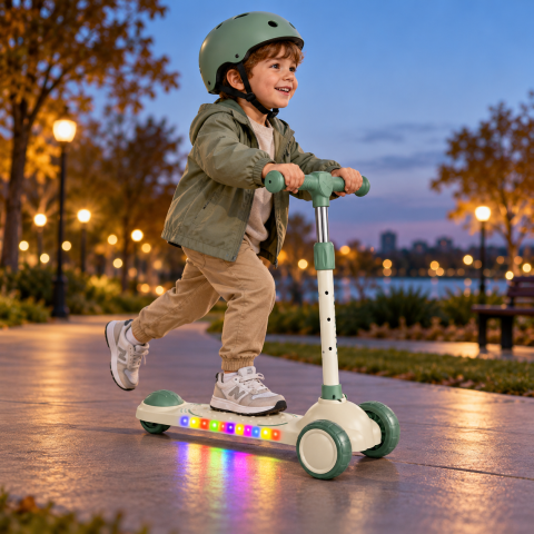 Trotinete - Trotineta copii Scooter cu 3 roti, ghidon reglabil, frana spate, crem-verde, 3 ani+, max. 40 kg