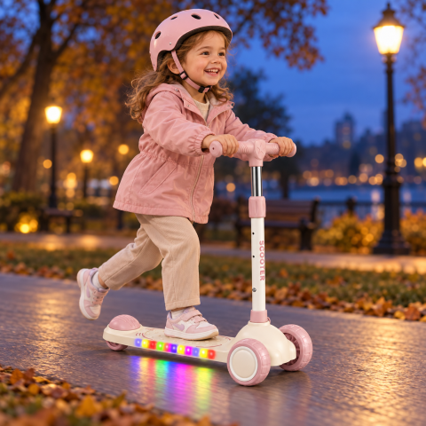Trotinete - Trotineta copii Scooter cu 3 roti, ghidon reglabil si frana spate, crem-roz, 3 ani+