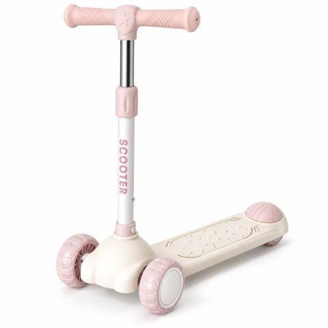 Trotinete - Trotineta copii Scooter cu 3 roti, ghidon reglabil si frana spate, crem-roz, 3 ani+