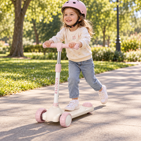 Trotineta copii Scooter cu 3 roti, ghidon reglabil si frana spate, crem-roz, 3 ani+ [1]
