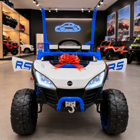 ATV & UTV electrice - UTV electric Buggy Off-Road pentru copii, 12V 7Ah, 4 motoare 25W, telecomanda parentala, USB, suspensii, alb cu albastru, baieti, 3-8 ani
