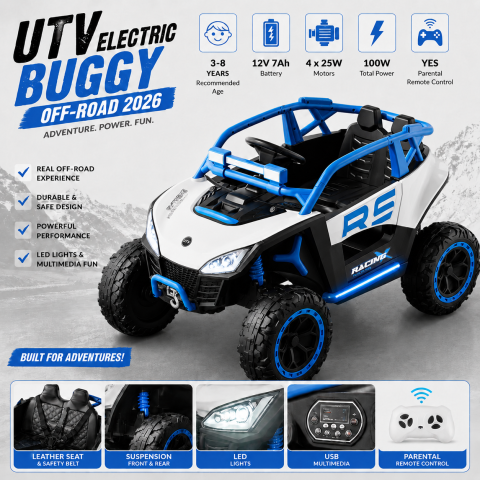 ATV & UTV electrice - UTV electric Buggy Off-Road pentru copii, 12V 7Ah, 4 motoare 25W, telecomanda parentala, USB, suspensii, alb cu albastru, baieti, 3-8 ani