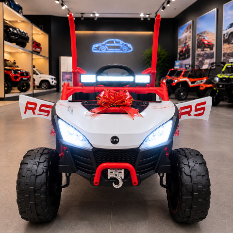 ATV & UTV electrice - UTV electric Buggy Off-Road pentru copii, 12V 7Ah, 4 motoare 25W, telecomanda parentala, USB, suspensii, alb cu rosu, 3-8 ani