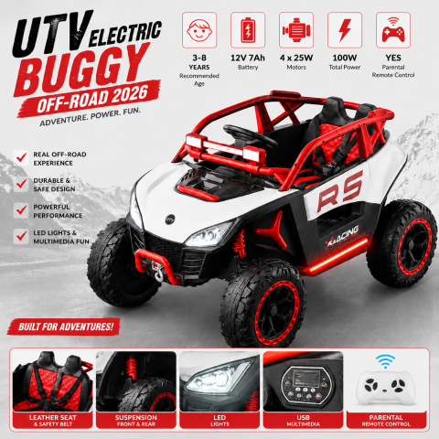 ATV & UTV electrice - UTV electric Buggy Off-Road pentru copii, 12V 7Ah, 4 motoare 25W, telecomanda parentala, USB, suspensii, alb cu rosu, 3-8 ani