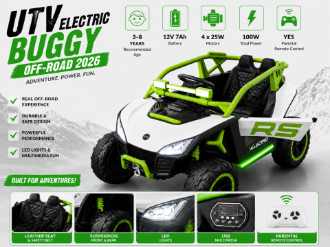 ATV & UTV electrice - UTV electric Buggy Off-Road pentru copii, 12V 7Ah, 4 motoare 25W, telecomanda parentala, USB, suspensii, verde, 1 loc, 3-8 ani