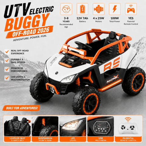 ATV & UTV electrice - UTV electric Buggy Off-Road pentru copii, 12V 7Ah, 4 motoare 25W, telecomanda, USB, suspensii, functie de balansare, portocaliu, 1 loc, 3-8 ani