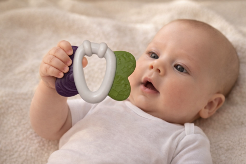 Zornaitoare - Zornaitoare Bebe Fluture colorat cu texturi si maner central, 3 luni+