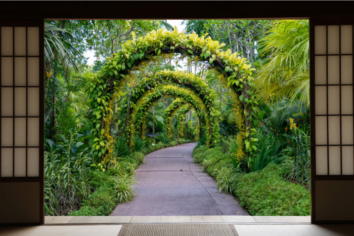Fototapet vinyl cu efect 3D Usa Shoji - Beautiful arch with flowers plants - 360x240 cm [2]