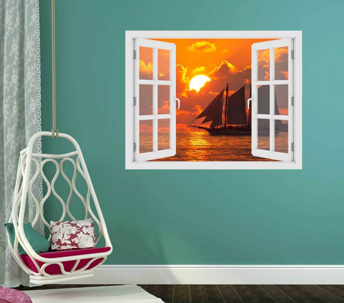 Fereastra cu efect 3D - Sunset boat sailing - 119x93 cm [2]