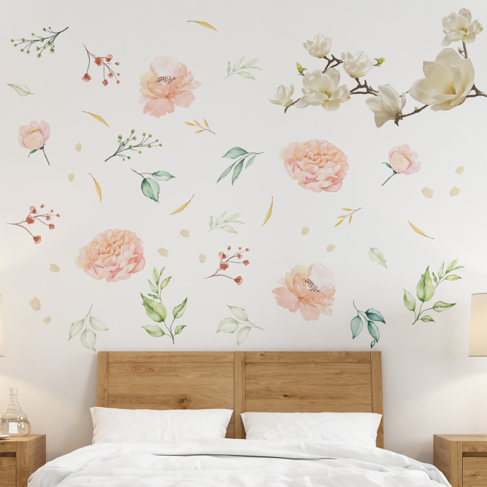 Sticker White Magnolia With Pink Watercolour Flowers [3]