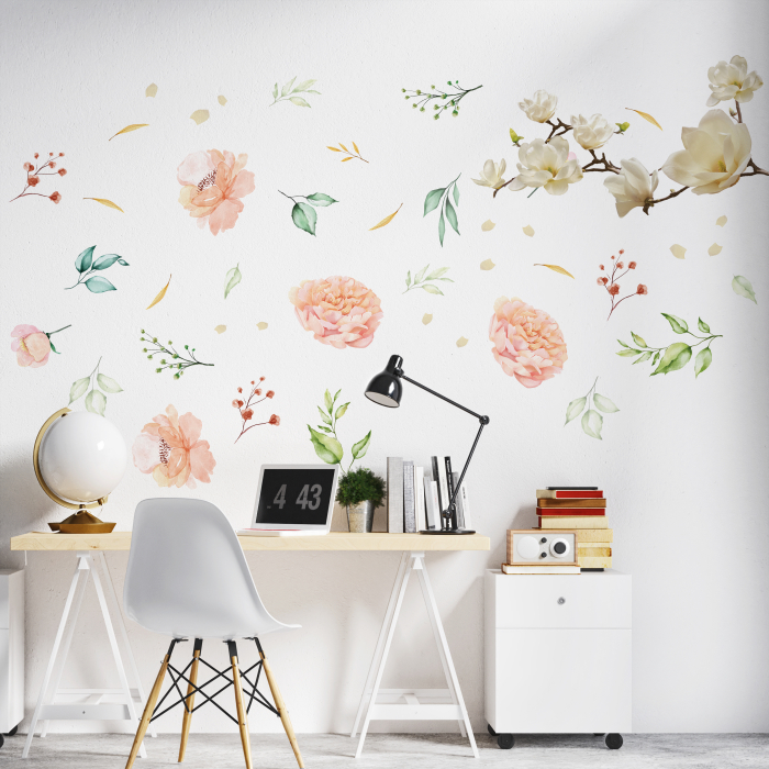 Sticker White Magnolia With Pink Watercolour Flowers [2]