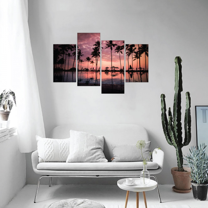 Tablou canvas 4 piese - Palmtrees on sunset [1]